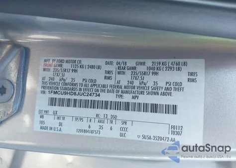 2018 Ford Escape Sel z USA, uszkodzony, nr VIN 1FMCU9HD8JUC24734